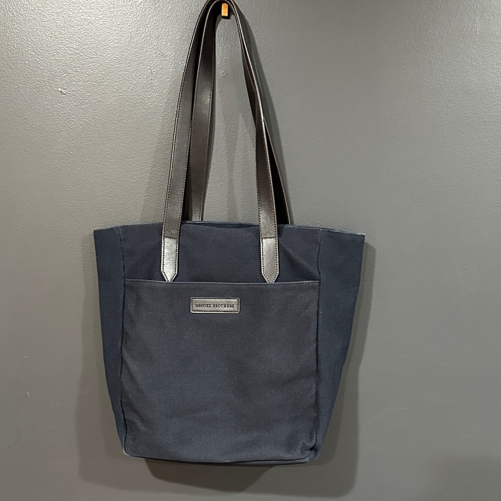 Brooks Brothers Navy Canvas Messenger Tote with Brown Leather Straps